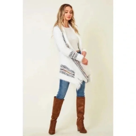 White Fuzzy Eyelash Western Boho Fringe Rainbow Aztec Pattern Open Knit Cardigan - Picture 5 of 5